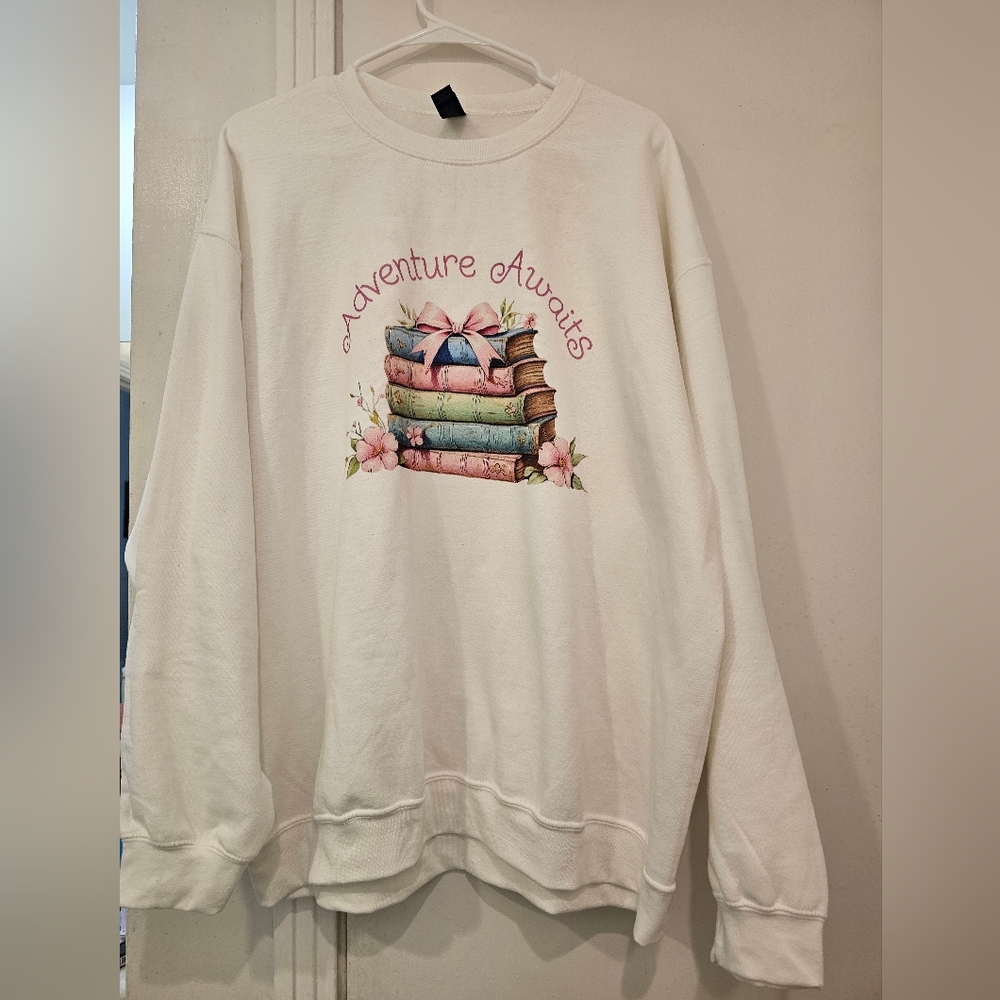 Gildan White XL Sweatshirt with Adventure Awaits Book And Flower Design